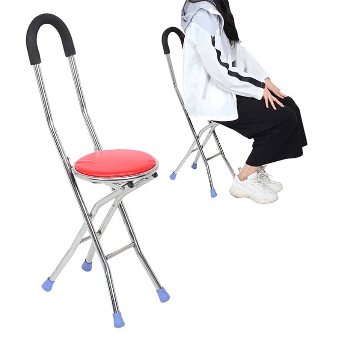 Walking Stick Chair, Stainless Steel Four Legs Folding Crutch Stool Wa 2