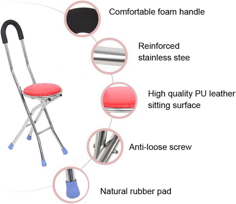 Walking Stick Chair, Stainless Steel Four Legs Folding Crutch Stool Wa 3