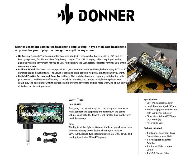 Donner Basement Mini Bass Guitar Headphone Amp Amplifier Rechargeable 2