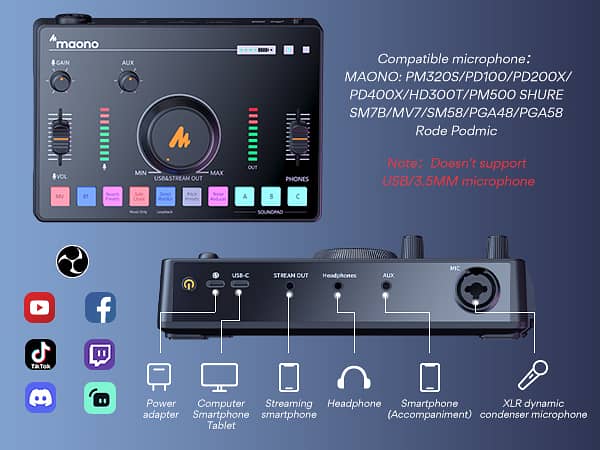 Podcast Audio mixing console, 48V Phantom power Streaming Mixer 1