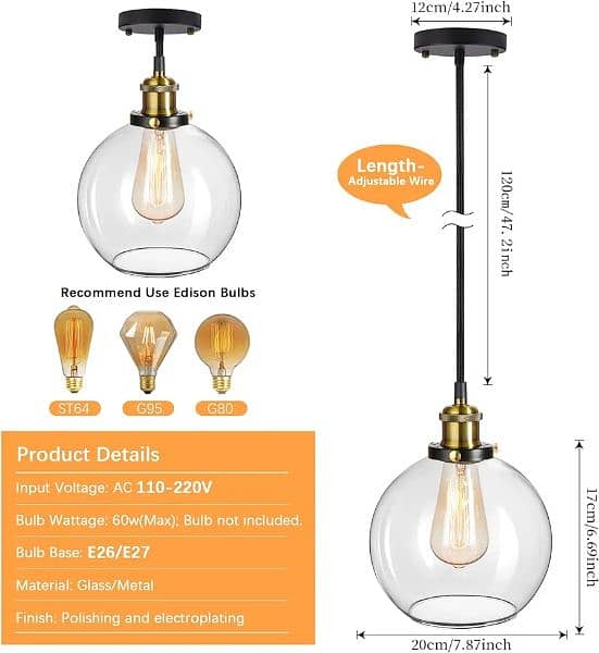 Frideko Vintage Pendant Light - 20cm Industrial Globe Ball Glass Lamp 4
