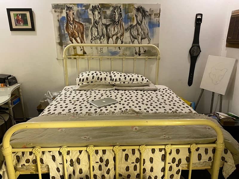 King Size Iron Bed with Spring Metress and Wooden Table Set 1