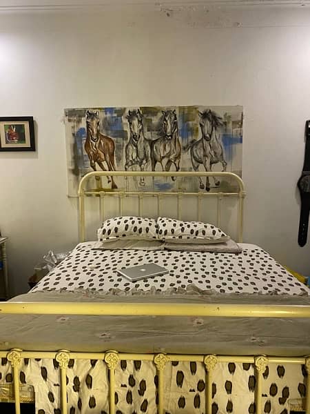 King Size Iron Bed with Spring Metress and Wooden Table Set 3