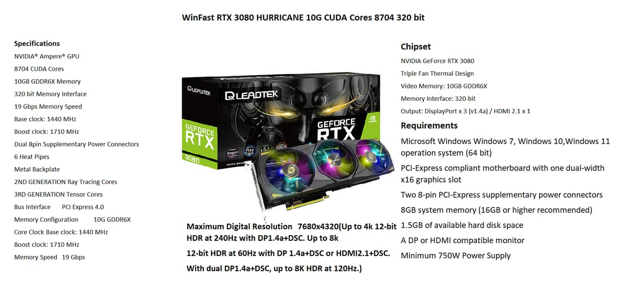 new box pack NVIDIA RTX 3080 HURRICANE 10GB GDDR6 4