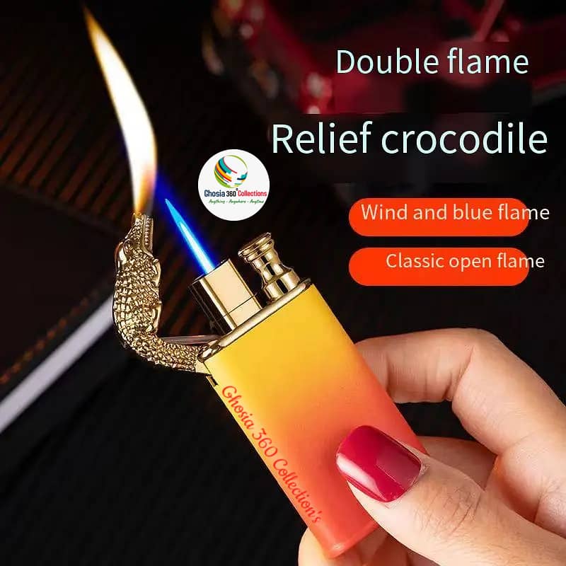 Blue Flame Metal Dragon Double Fire Gas Lighter Creative Straight Flam 6