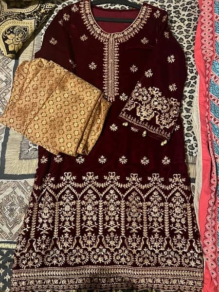 Maroon Suit With Golden Sequins Embroidered Work 1
