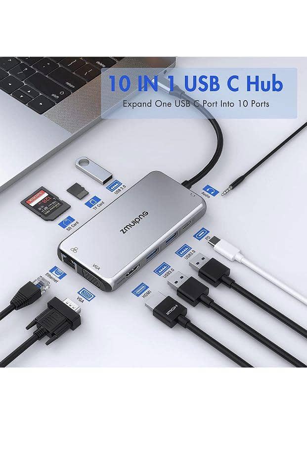 ZMUIPNG 10in1 type c USB-C HUB to HDMI +RJ45+VGA+USB2.0+ USB3.0 x2+SD 0