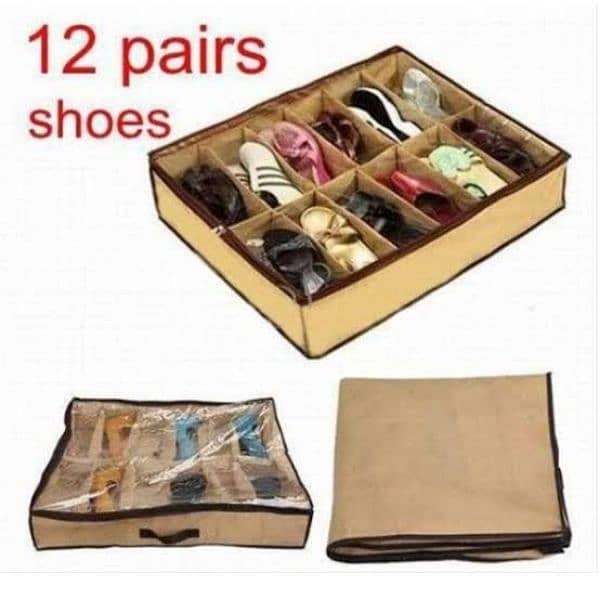 12 Compartment Non Woven Shoe Organizer, Easy To Carry Shoe Bag 0