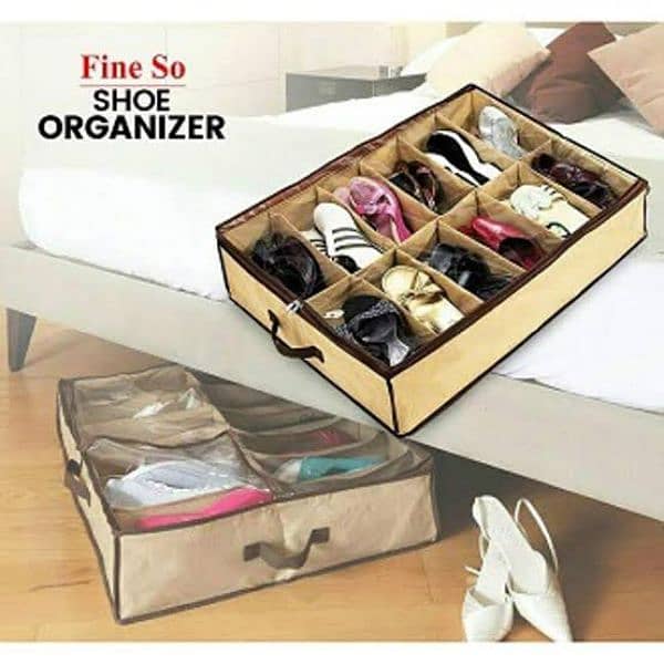 12 Compartment Non Woven Shoe Organizer, Easy To Carry Shoe Bag 2