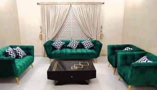 Sofa Set Five Seater in Velvet Fabric with cushions.
