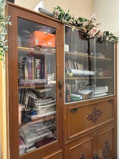 Wooden double shelf glass door study desk with drawers