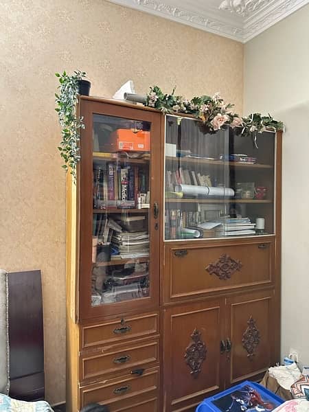 Wooden double shelf glass door study desk with drawers 1