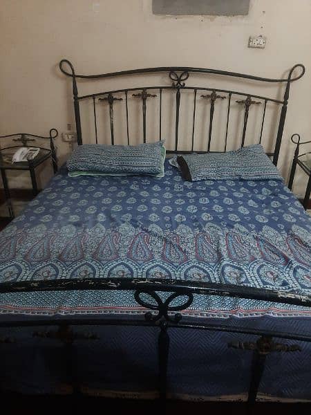 Road iron bed with 2 side tables or with led tolley or 2 chairs  table 1