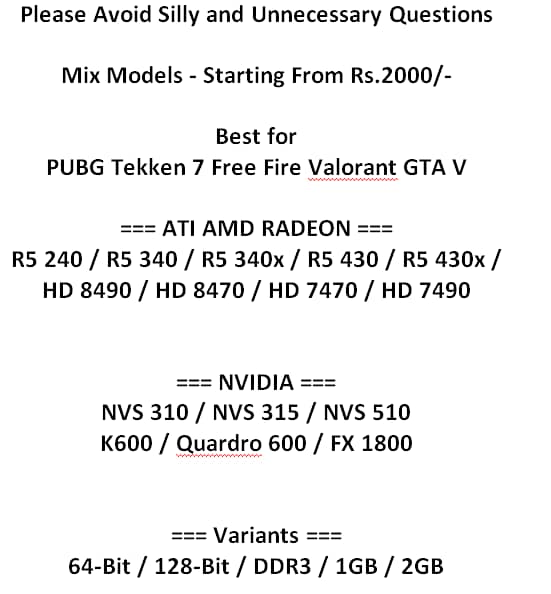 1GB 2GB Graphic Card NVIDIA AMD GTA V PUBG Tekken 7 Free Fire Valorant 2