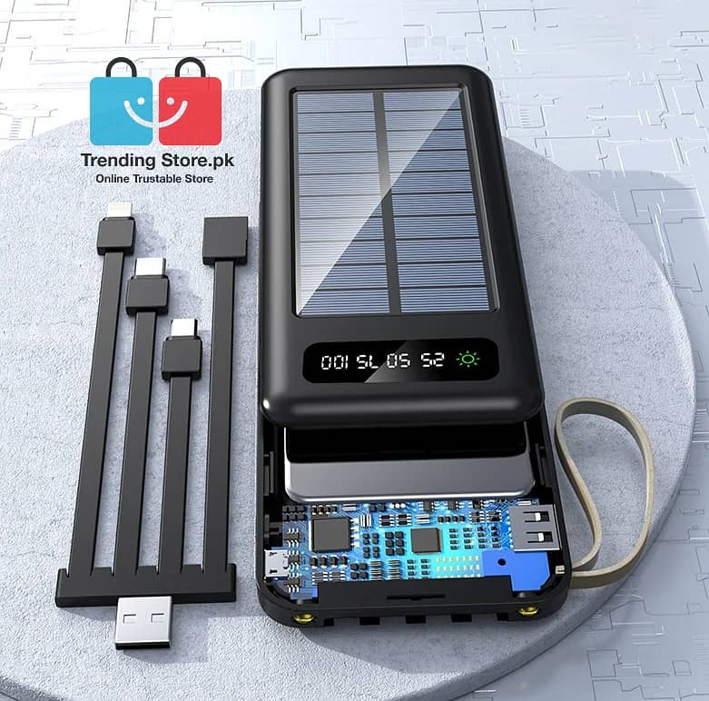 Solar Power Bank 10000 mAh Battery With 4 Charging Cables 10