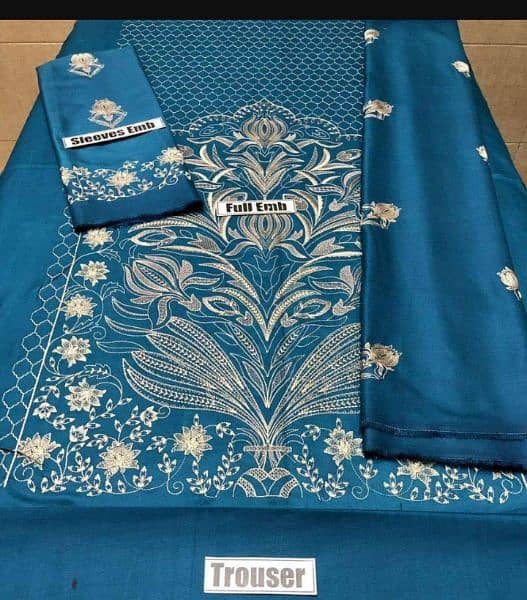 3 PCs women's unstitched Dhanak embroidered suit 1