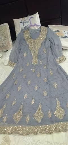 Grey colour maxi golden work with dupatta and trauser 0