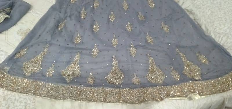 Grey colour maxi golden work with dupatta and trauser 2