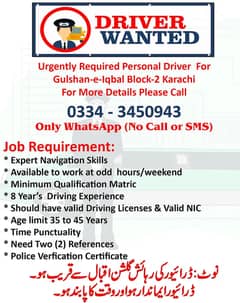 Urgently Required Personal Driver For Gulshan-e-Iqbal
