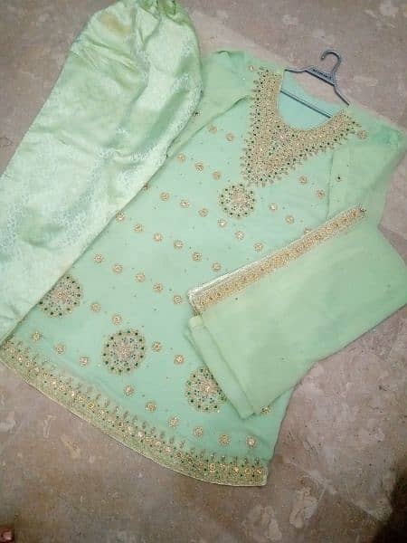 heavy hand made frock ready to wear with trouser and dupatta 4