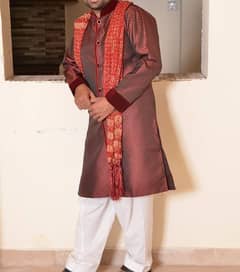 Fancy maroon shirt with white shalwar and chunni