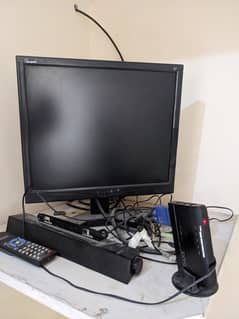 TV setup, screen + dell bar speaker + dany tv device