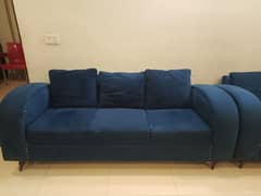 Very Good Condition Blue Velvet Sofa Set, Chair and Deewan for Sale