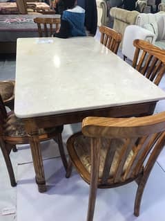 Stylish New Sheesham Wood Dining Table ( Marble top) - Seats 6