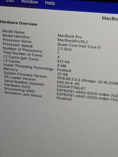 MACBOOK PRO LATE 2020 CTO MODLE TOUCHBAR I7 Q-C 2.3 32GB RAM 512GB SSD 1