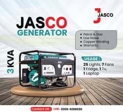 Generator  3 kva Jasco  J3000S Green Petrol &  Gas New with Warranty