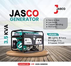 Generator  3.5 kva J3500S Jasco Green Petrol &  Gas New with Warranty