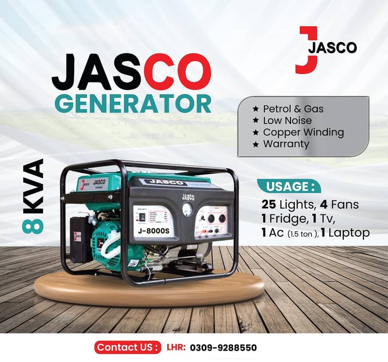 Generator  3.5 kva J3500S Jasco Green Petrol &  Gas New with Warranty 1