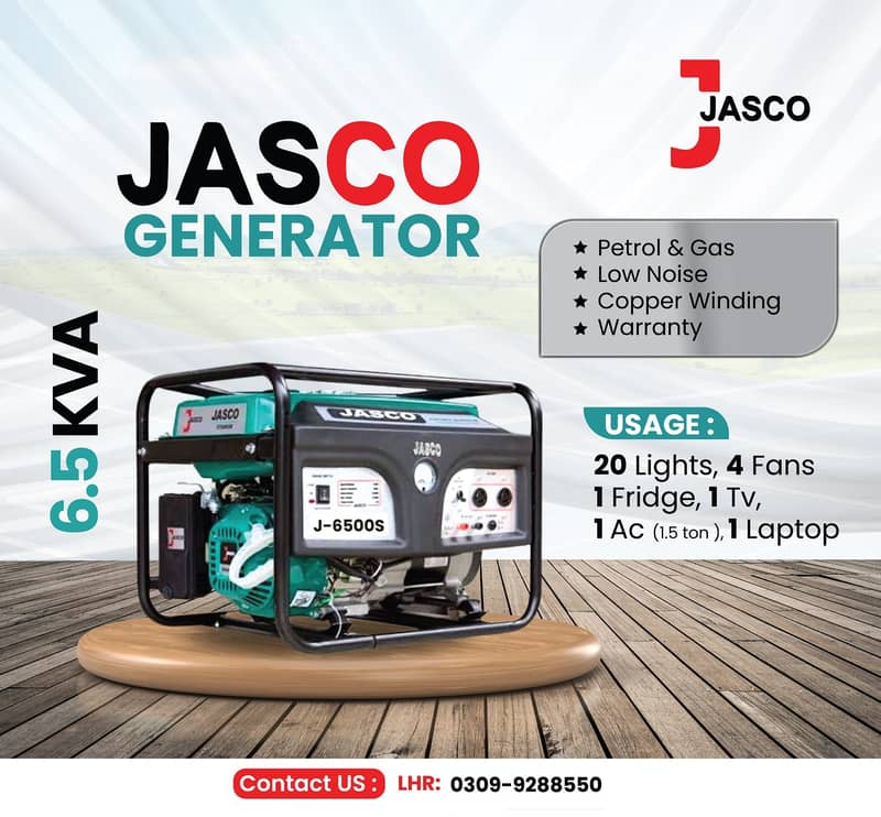 Generator  3.5 kva J3500S Jasco Green Petrol &  Gas New with Warranty 2