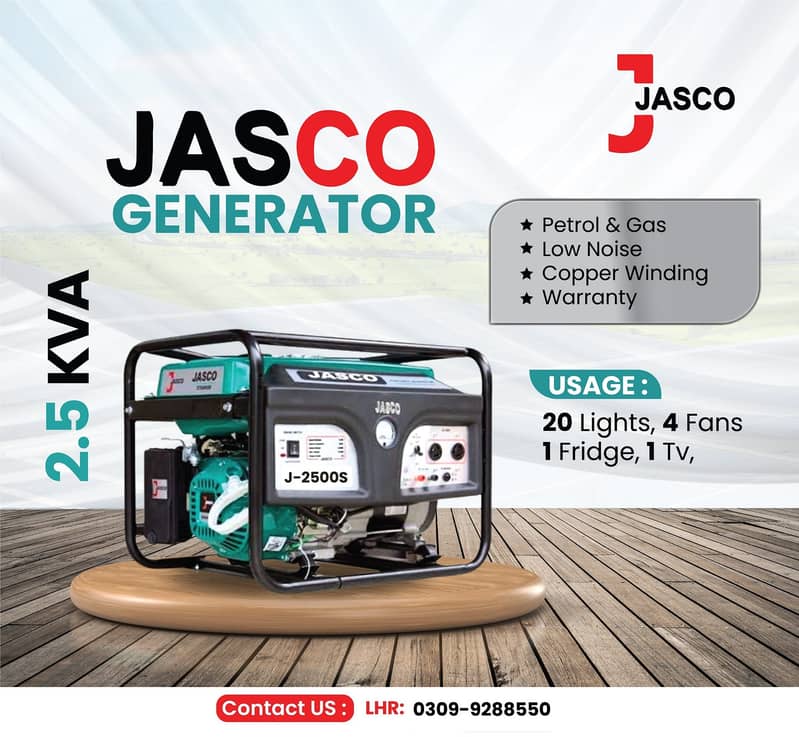 Generator  3.5 kva J3500S Jasco Green Petrol &  Gas New with Warranty 5