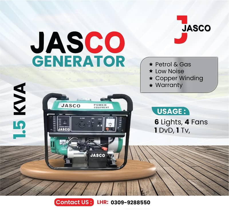 Generator  3.5 kva J3500S Jasco Green Petrol &  Gas New with Warranty 6