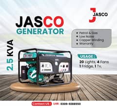 Generator  2.5 kva J2500S Jasco Green Petrol &  Gas New with Warranty