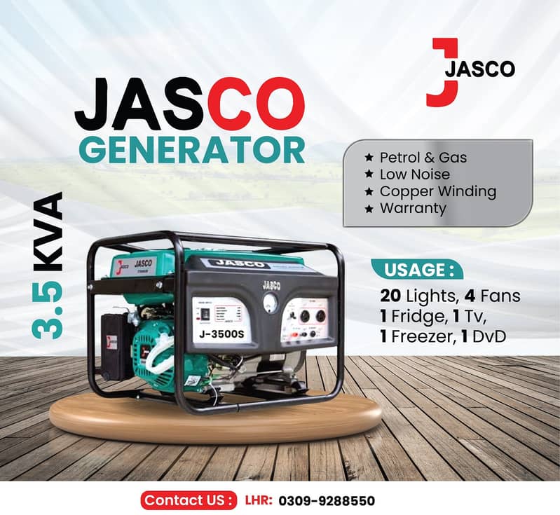 Generator  2.5 kva J2500S Jasco Green Petrol &  Gas New with Warranty 1