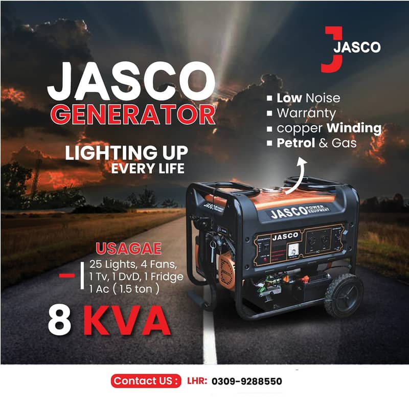 Generator  8 kva J9000dc Jasco Golden Petrol and Gas New with Warranty 0