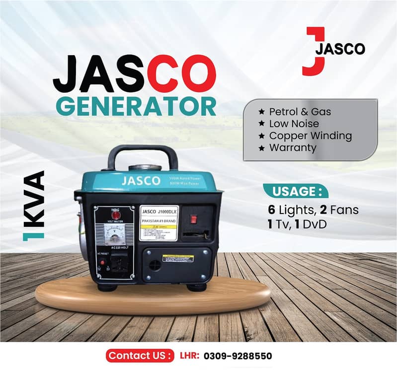 Generator  1 kva J1000 Jasco Green Petrol New with Warranty 0