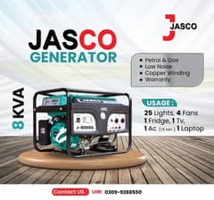 Generator  8 kva J8000S Jasco Green Petrol &  Gas New with Warranty