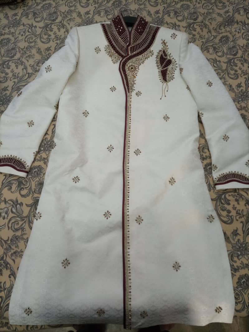 stylish sherwani white color with burgundy dana design check pic for 2