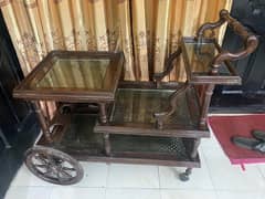 Wooden Tea Trolly 4 Steps with Glass Top - serving trolly