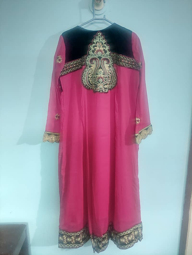 3 piece Pink chiffon Jharjat Long Frock 1