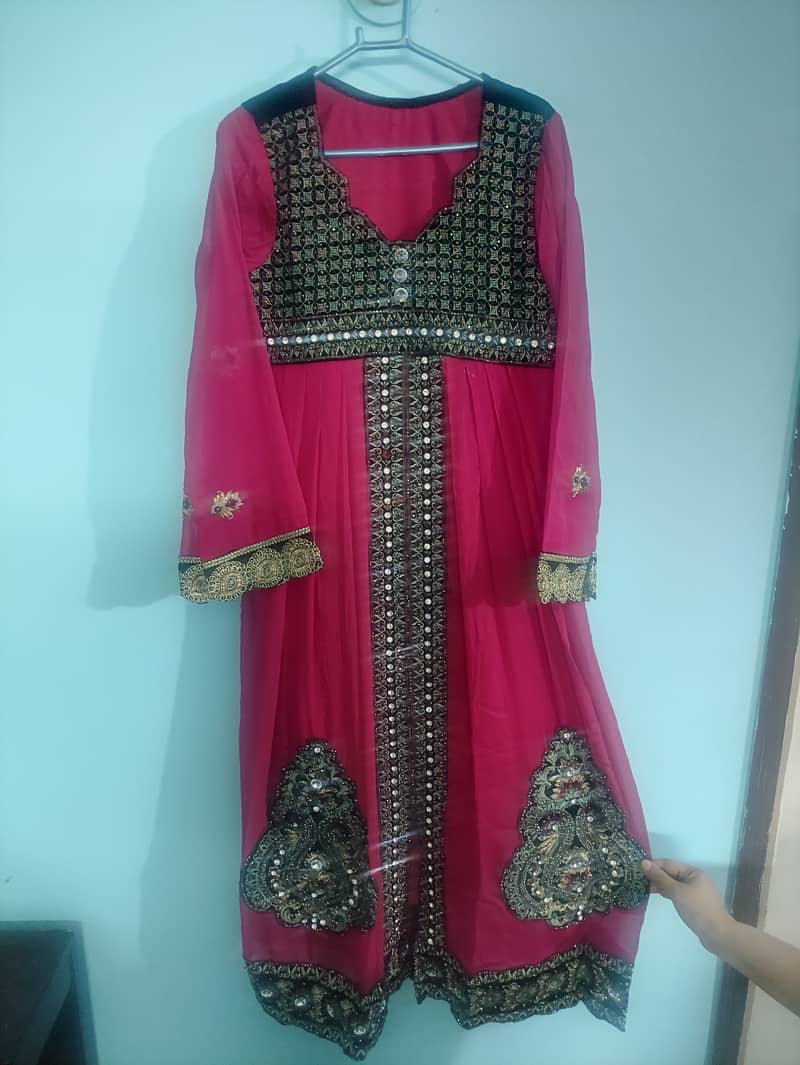 3 piece Pink chiffon Jharjat Long Frock 2