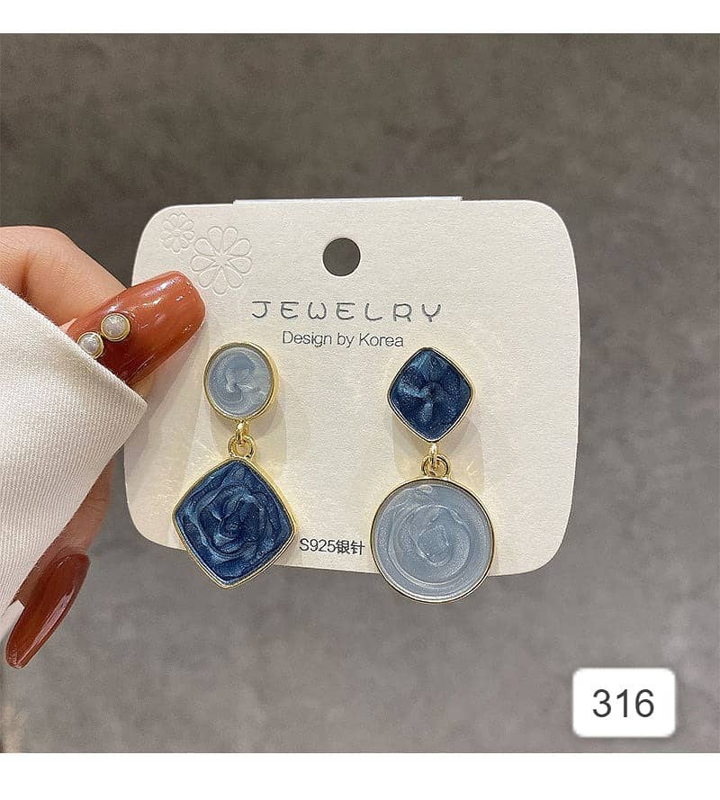 Korean Square Round Drop Earrings - Blue Color 0