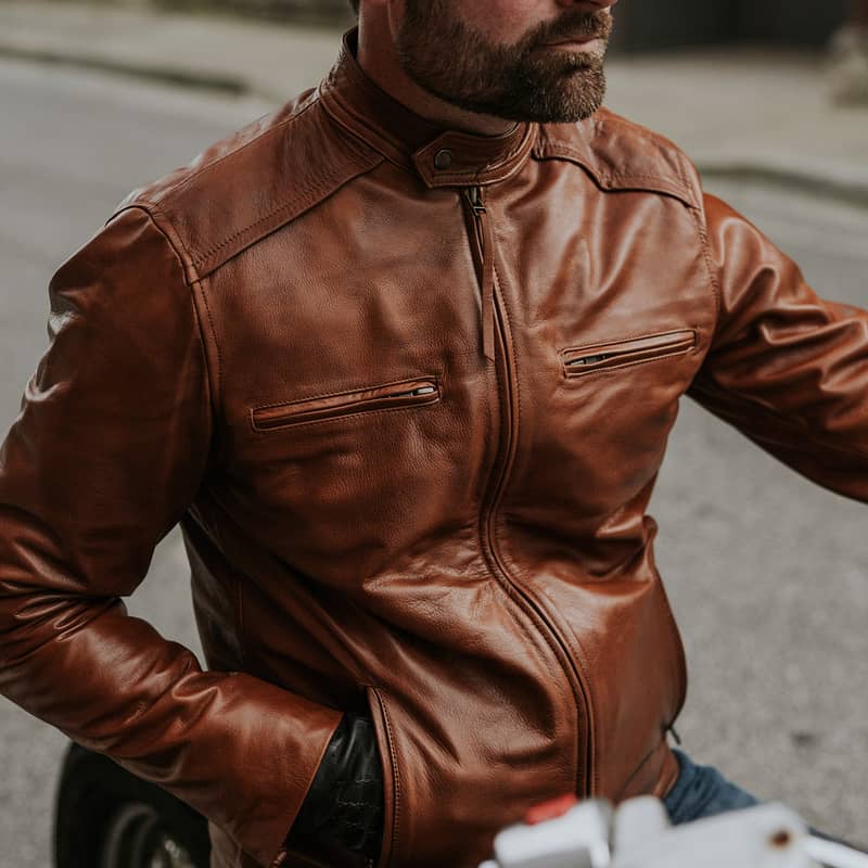 THOMPSON LEATHER MOTO JACKET | Tan Brown Wax Genuine Leather Coat 5