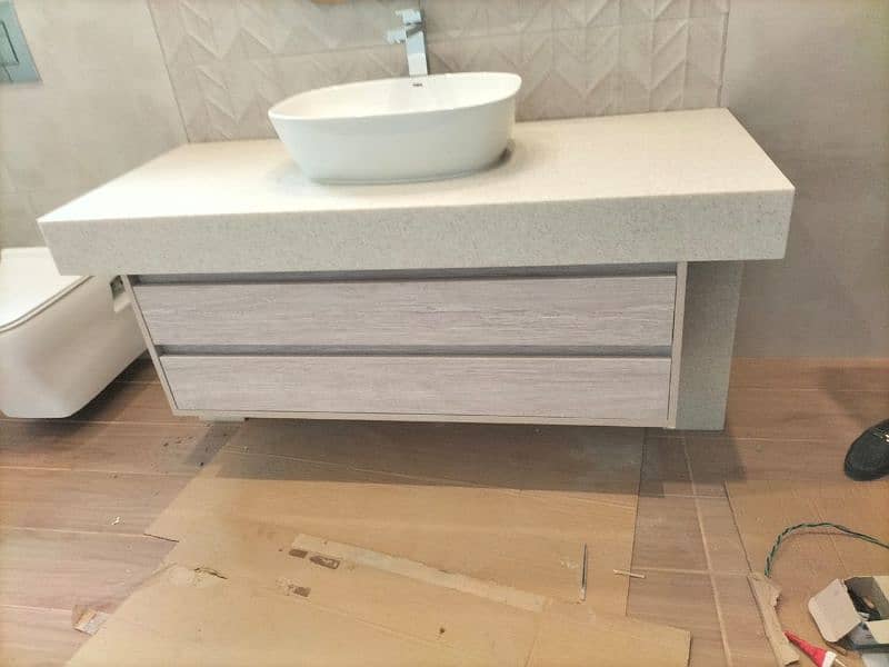 customized Bathroom Vanity/ corian top vanity/ pvc drawers/upper basin 0