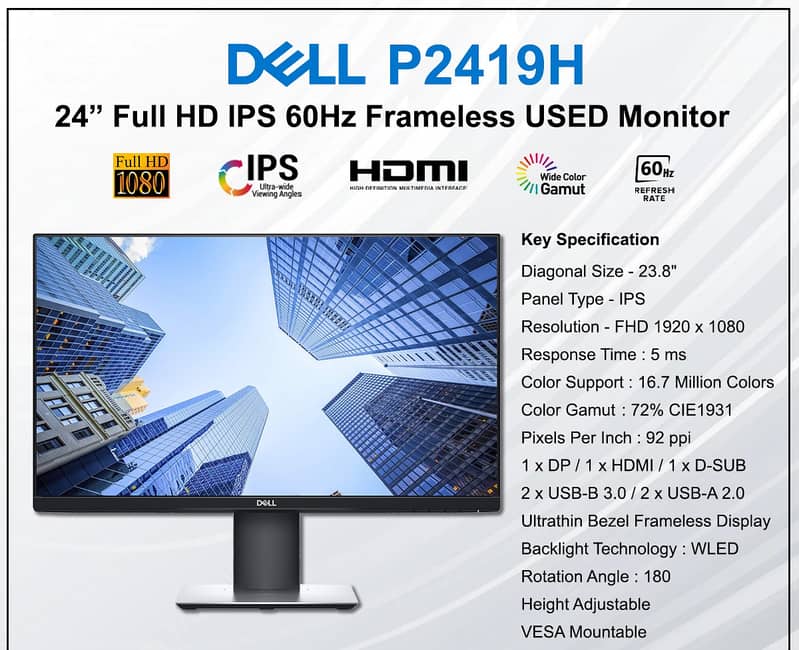 24" Inch Dell P2419H Borderless IPS Full HD LED Monitor with HDMI Port 1