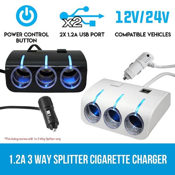 3 Way Car Cigarette Lighter Socket Splitter with Dual USB | 2