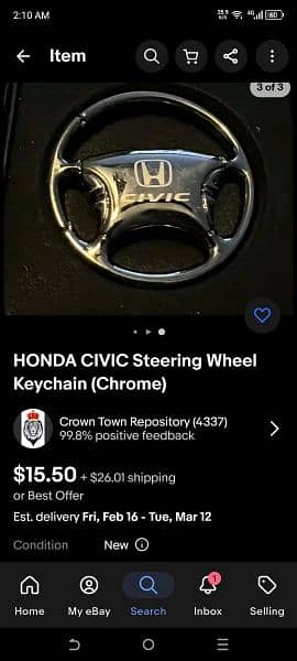 Honda Civic Steering wheel keychain Chrome black 11